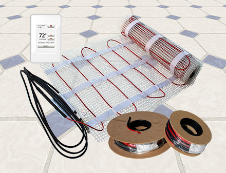 ComfortTile radiant floor heating system mat, cable spools, and thermostat