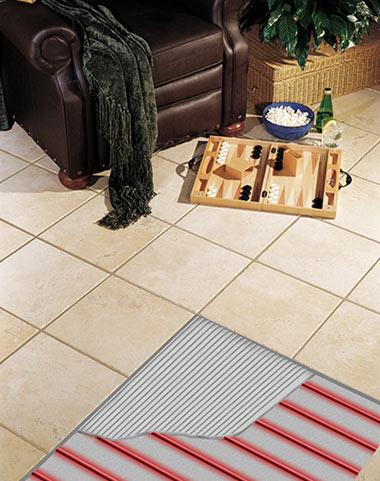 Heated tile floor with cutaway view.